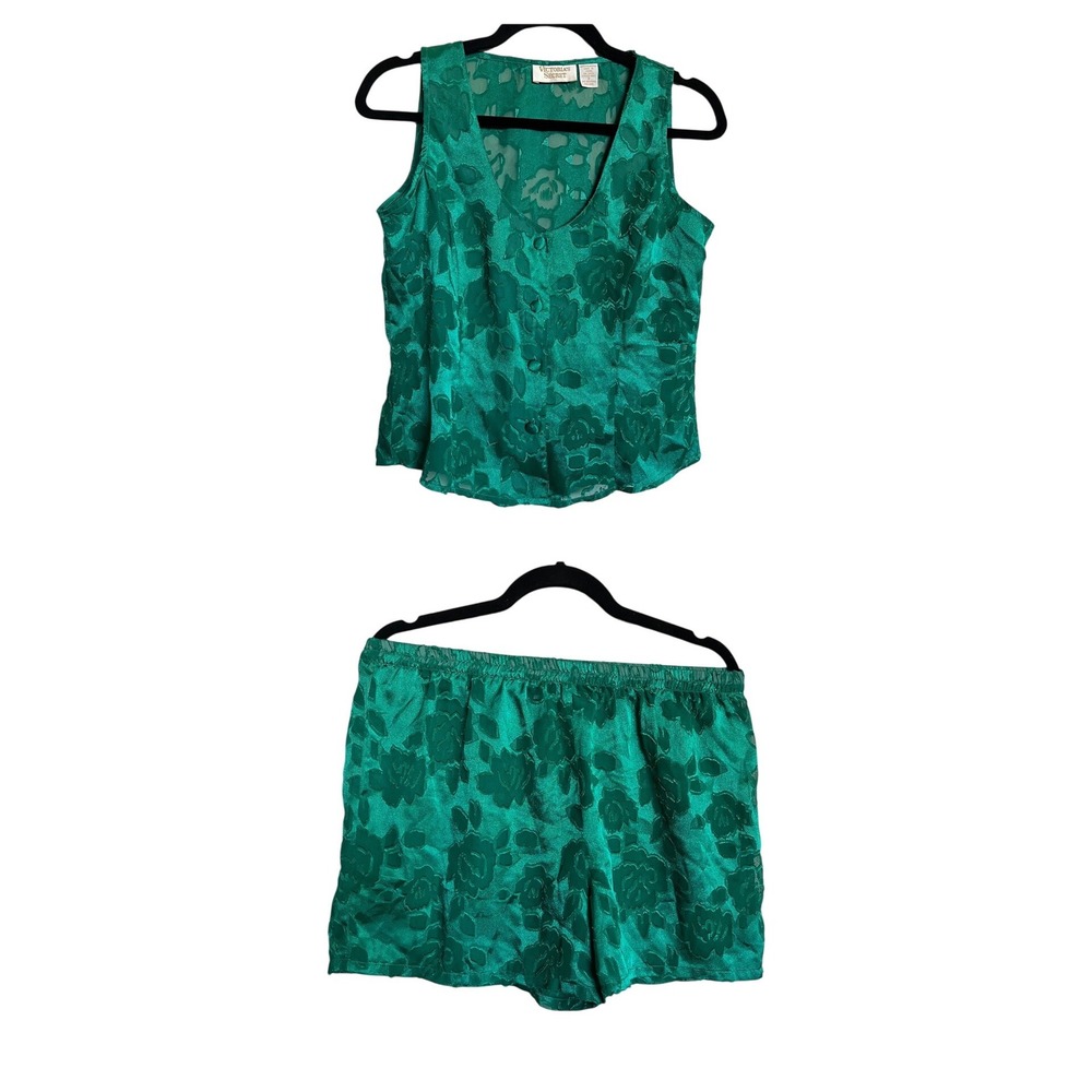 VTG Victoria's Secret Gold Label Pajama Set Green Satin Floral Tank Shorts Small